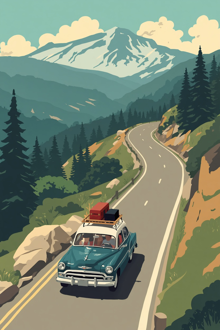 Famiglia in viaggio su strada di montagna, illustrazione vintage